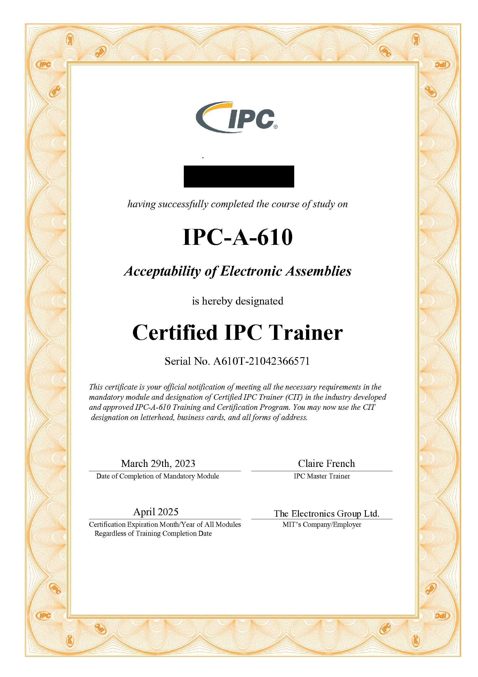 IPC-A-610 certificate